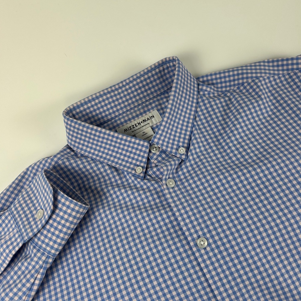 Mizzen+Main Mens XL Classic Gingham Performance Shirt Blue White Button Down